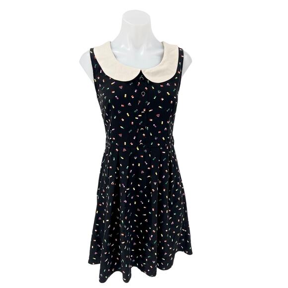 Monteau Black Collared Sleeveless Graphic Print Fit & Flare Mini Dress Size L - Picture 1 of 3